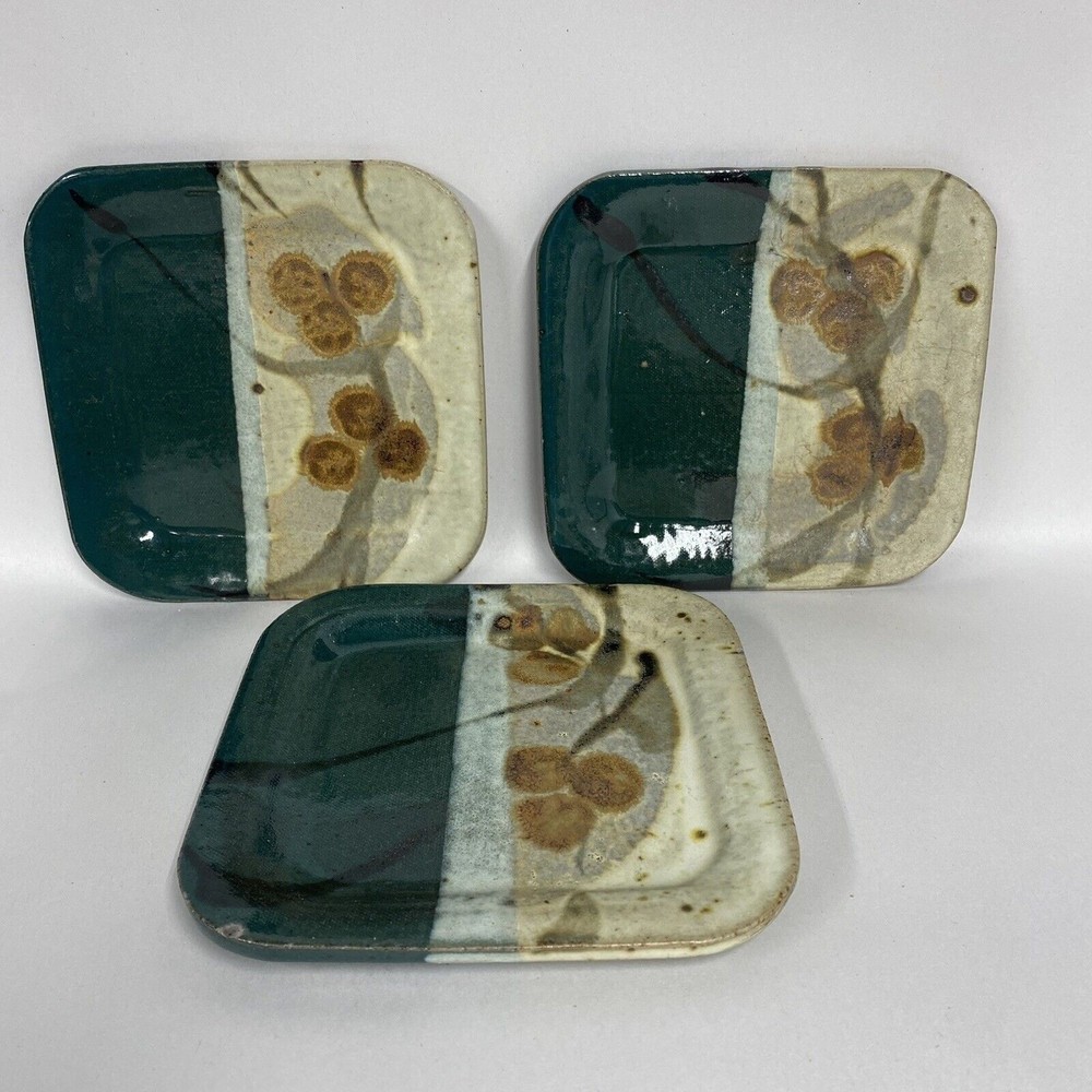 Studio Art Pottery Set Of 3 Glazed Earthy Boho Small Plates Signed Hutten